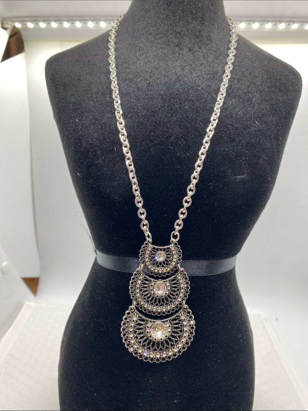 Silver Tone Rhinestone Filigree Statement Necklace | Vintage Inspired Pendant